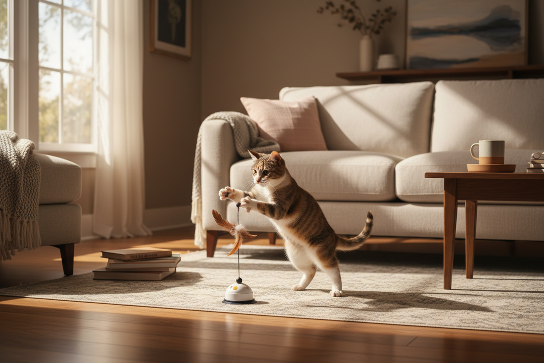 Chat jouant avec un jouet interactif dans le salon